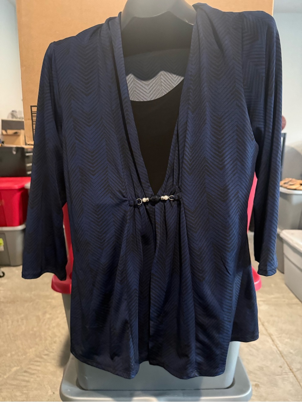 Navy Blue Chevron Open Front Cardigan with Bead Detail mp35
